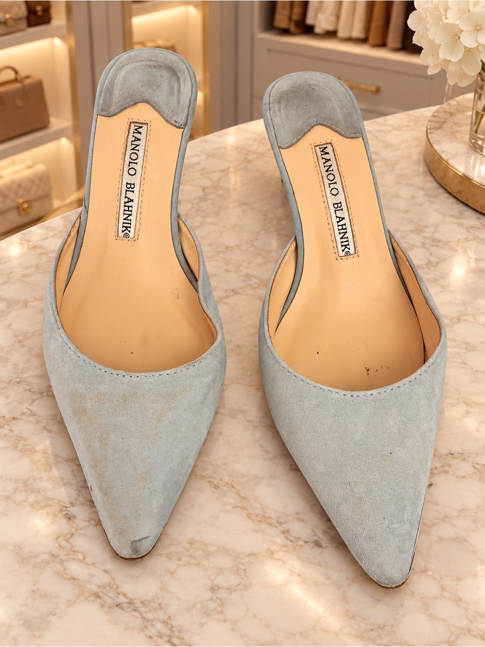 Manolo Blahnik Powder Blue Suede Pointed-Toe Mules Size EU 36/ US 6